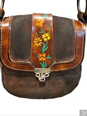 Vtg. 1970's Boho Leather‎ Hand Painted Purse.